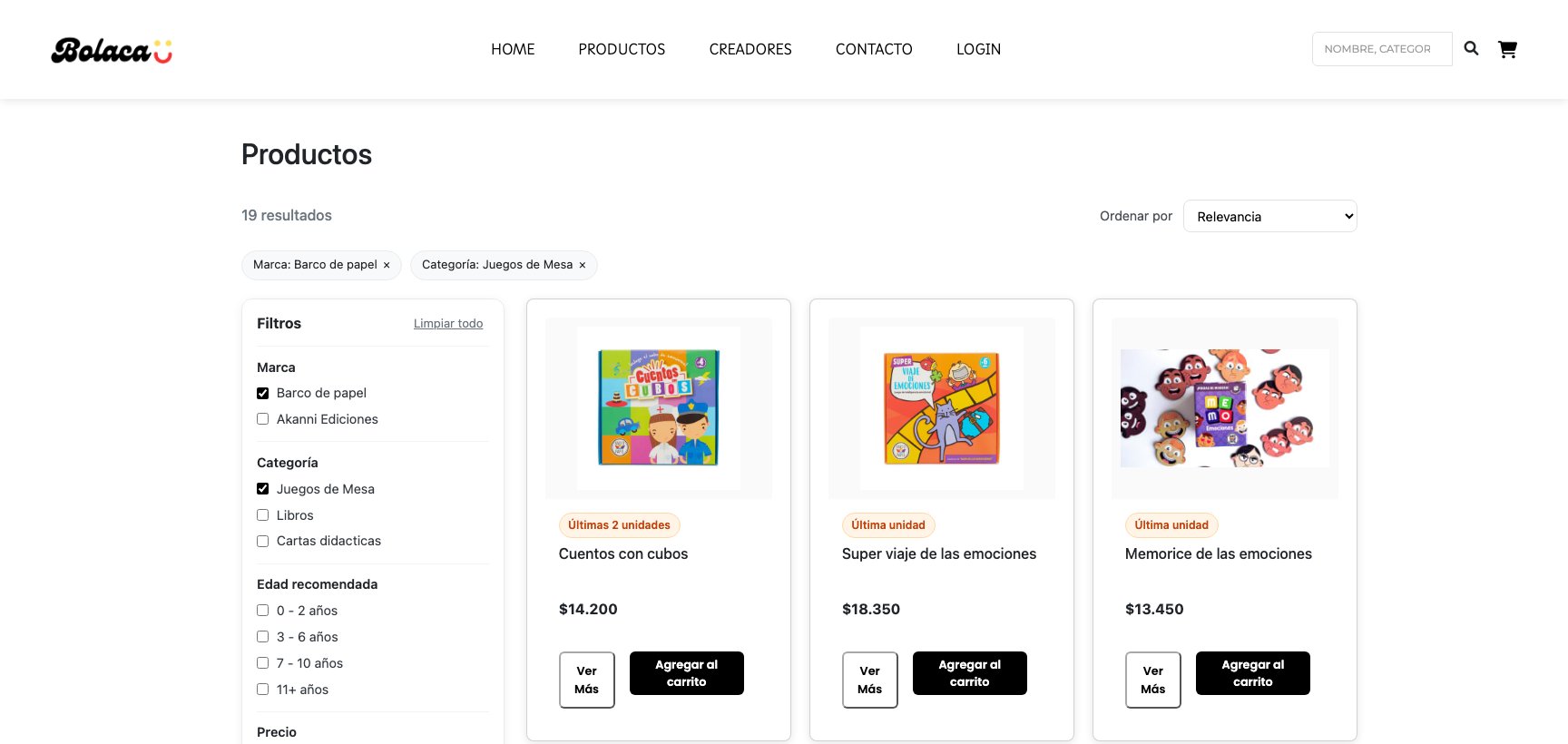 The Bolaca catalogue filtered to one brand and category, showing 19 results with stock and price on each card