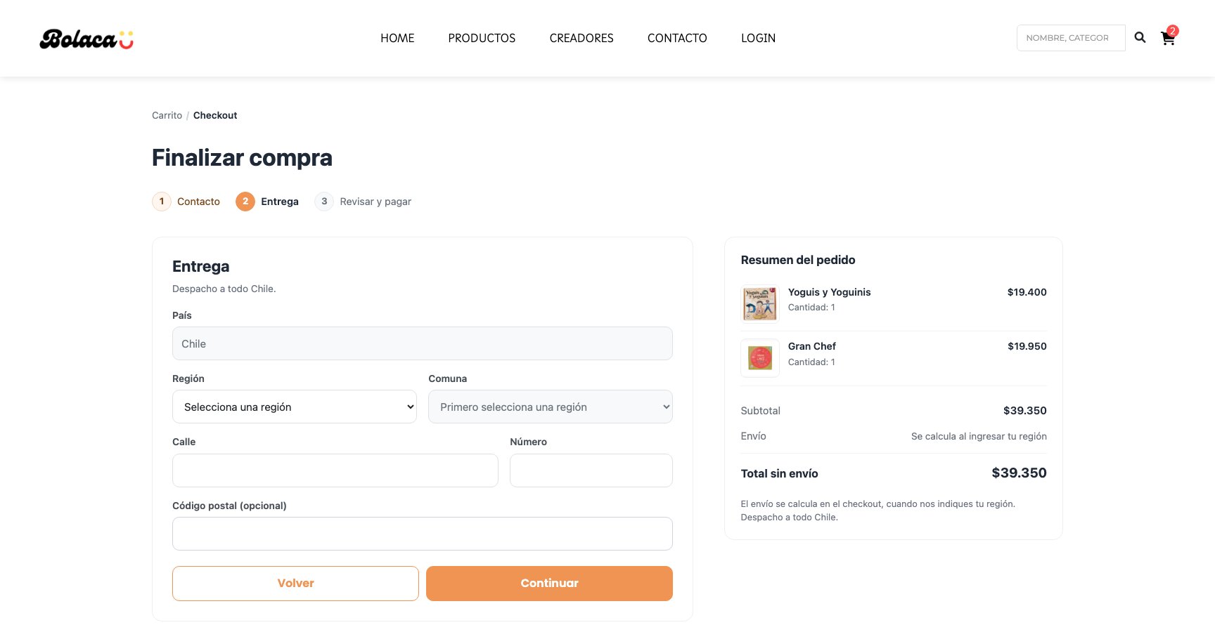 Bolaca checkout, delivery step: a three-step progress indicator, a Chile-wide address form, and the order summary carried over from the cart