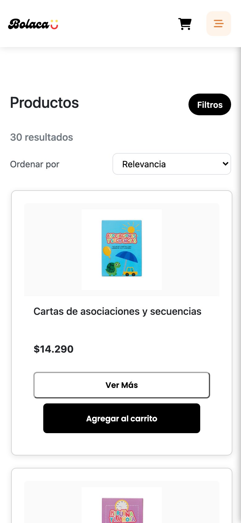 The Bolaca catalogue on mobile, with a collapsed filter control