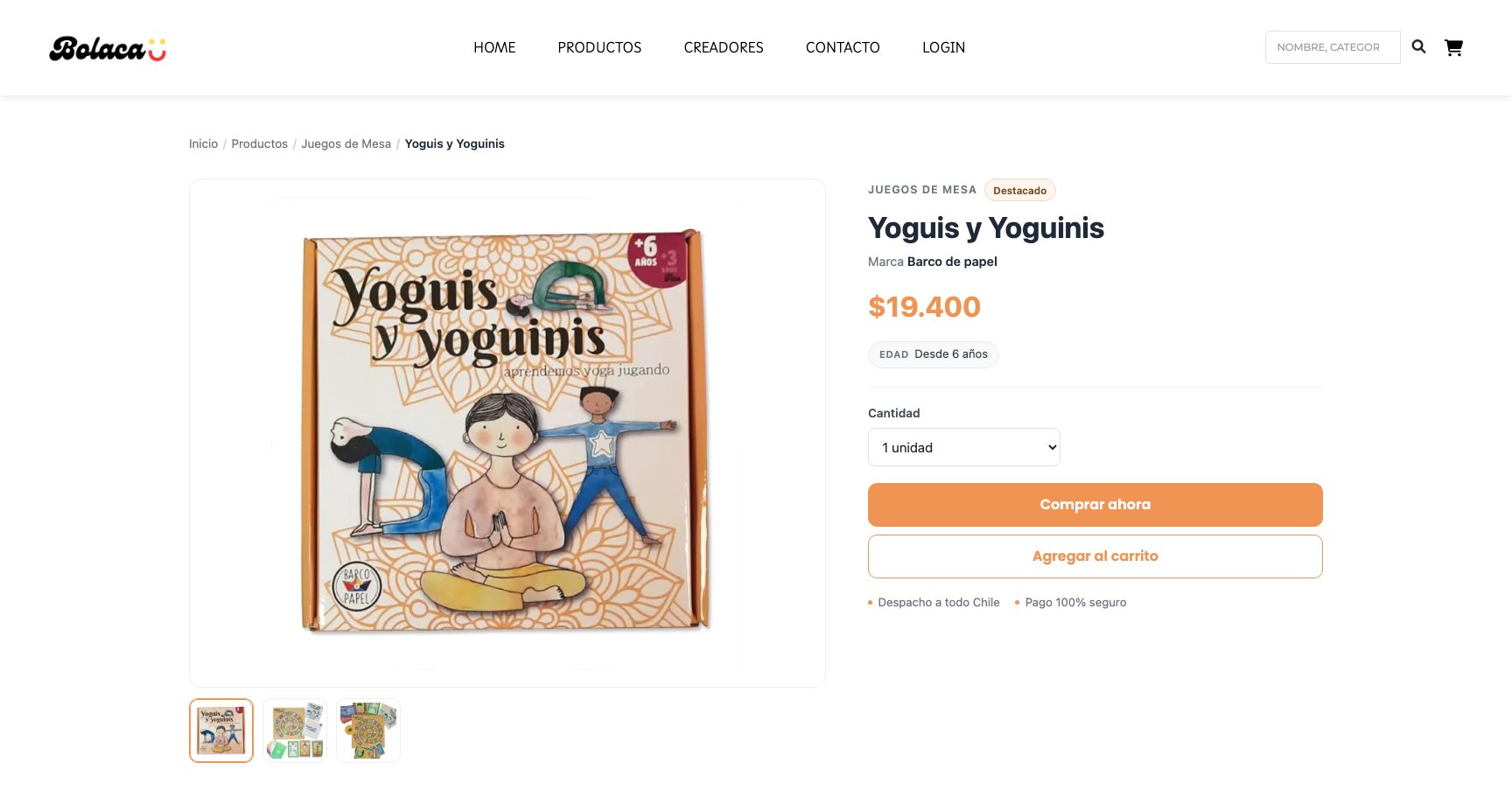 A Bolaca product page with gallery, price, recommended age, quantity and two purchase actions