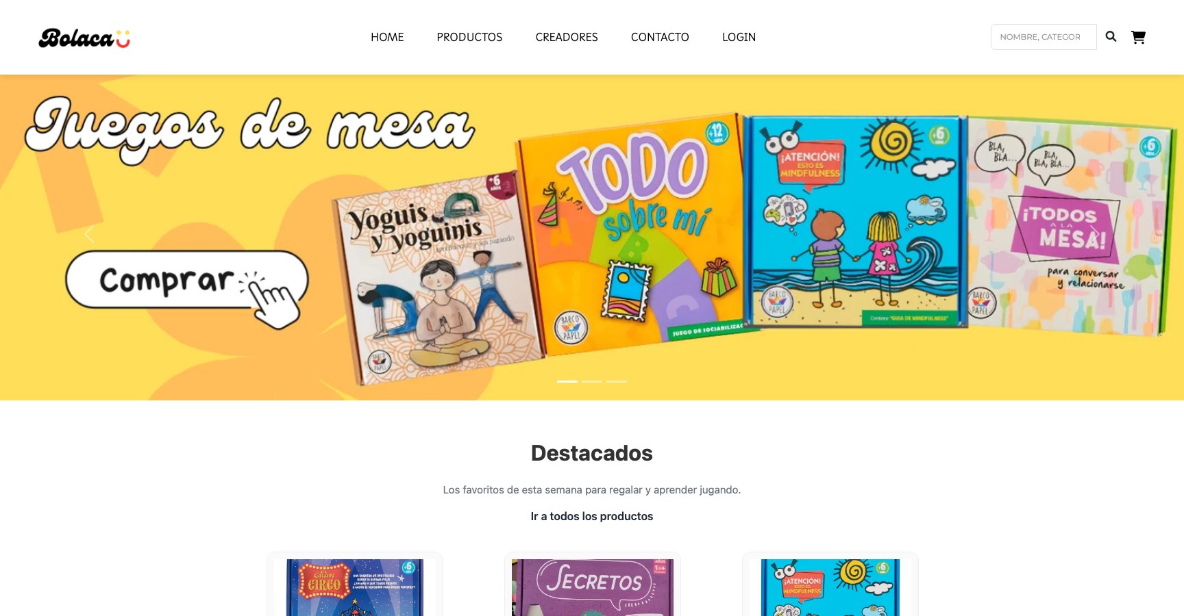 The Bolaca storefront: a carousel of board games and books over a "Juegos de mesa" banner, with featured products beneath