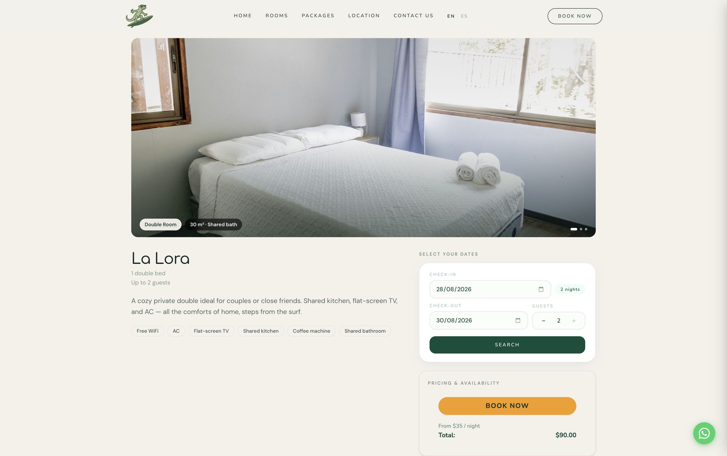 A room detail page for La Lora with photography, amenities and a date selection panel