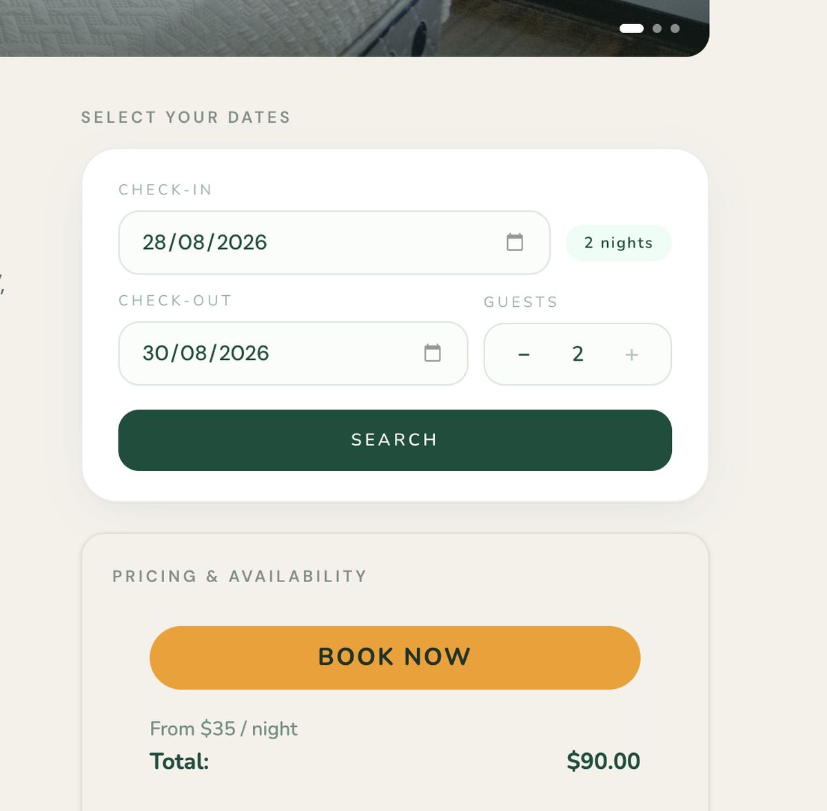 The booking panel in close-up: check-in and check-out dates, guest count, search, and a pricing and availability summary with a book now action