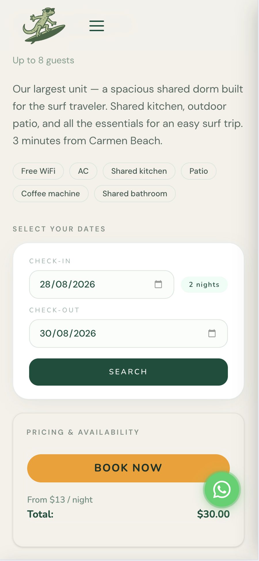 The booking panel on mobile with dates, search, pricing and a book now action