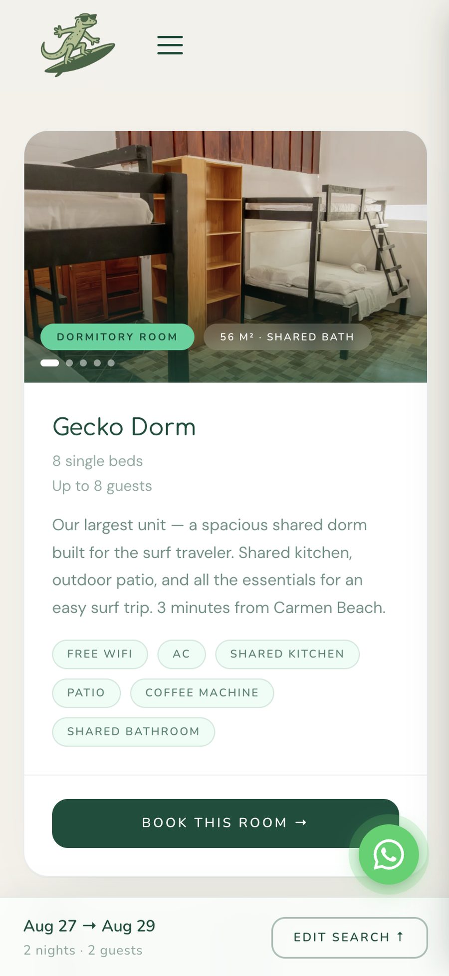 A room card on mobile showing photography, amenities and a book action