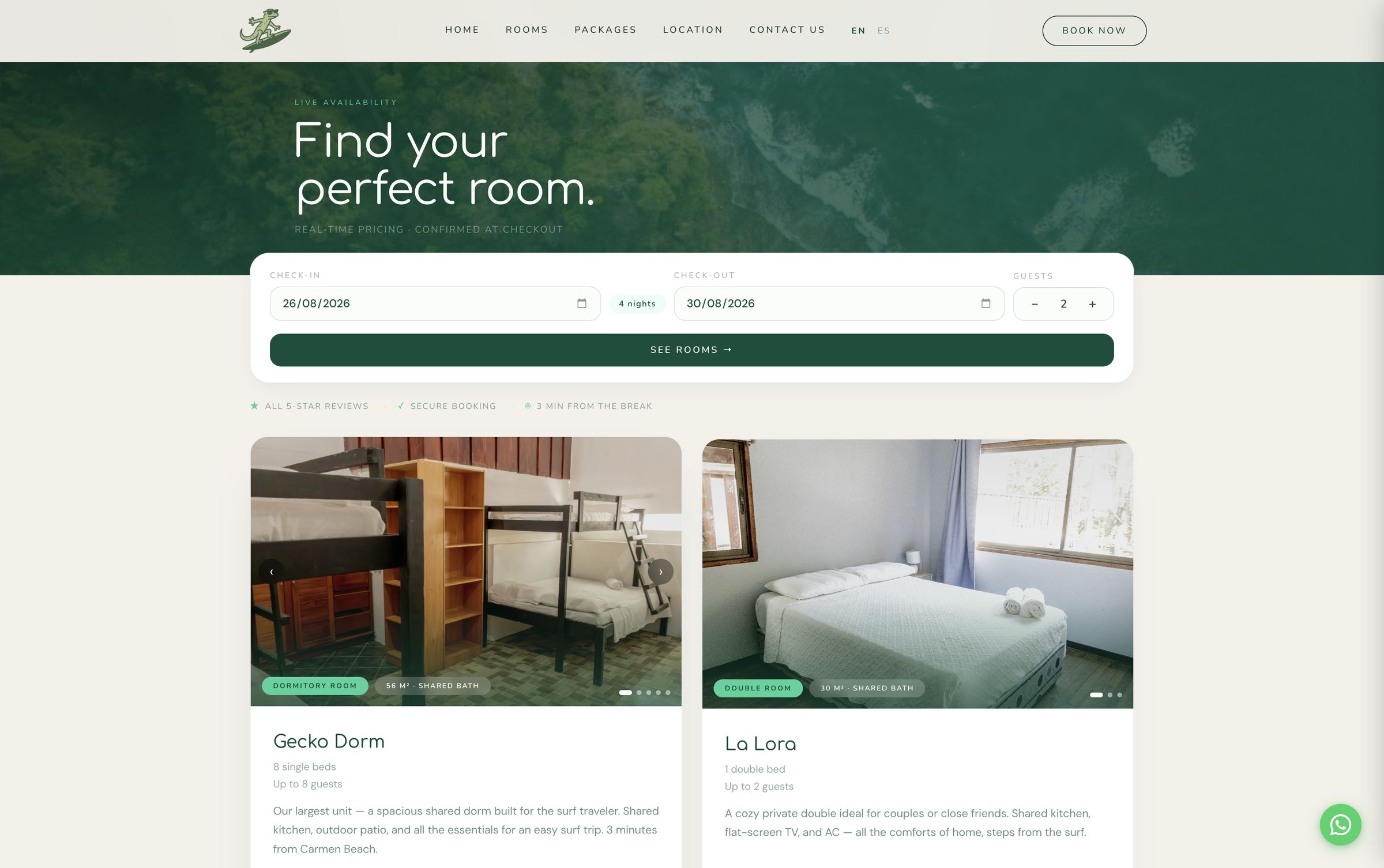 The rooms page headed "Find your perfect room." with a date and guest search above two room cards