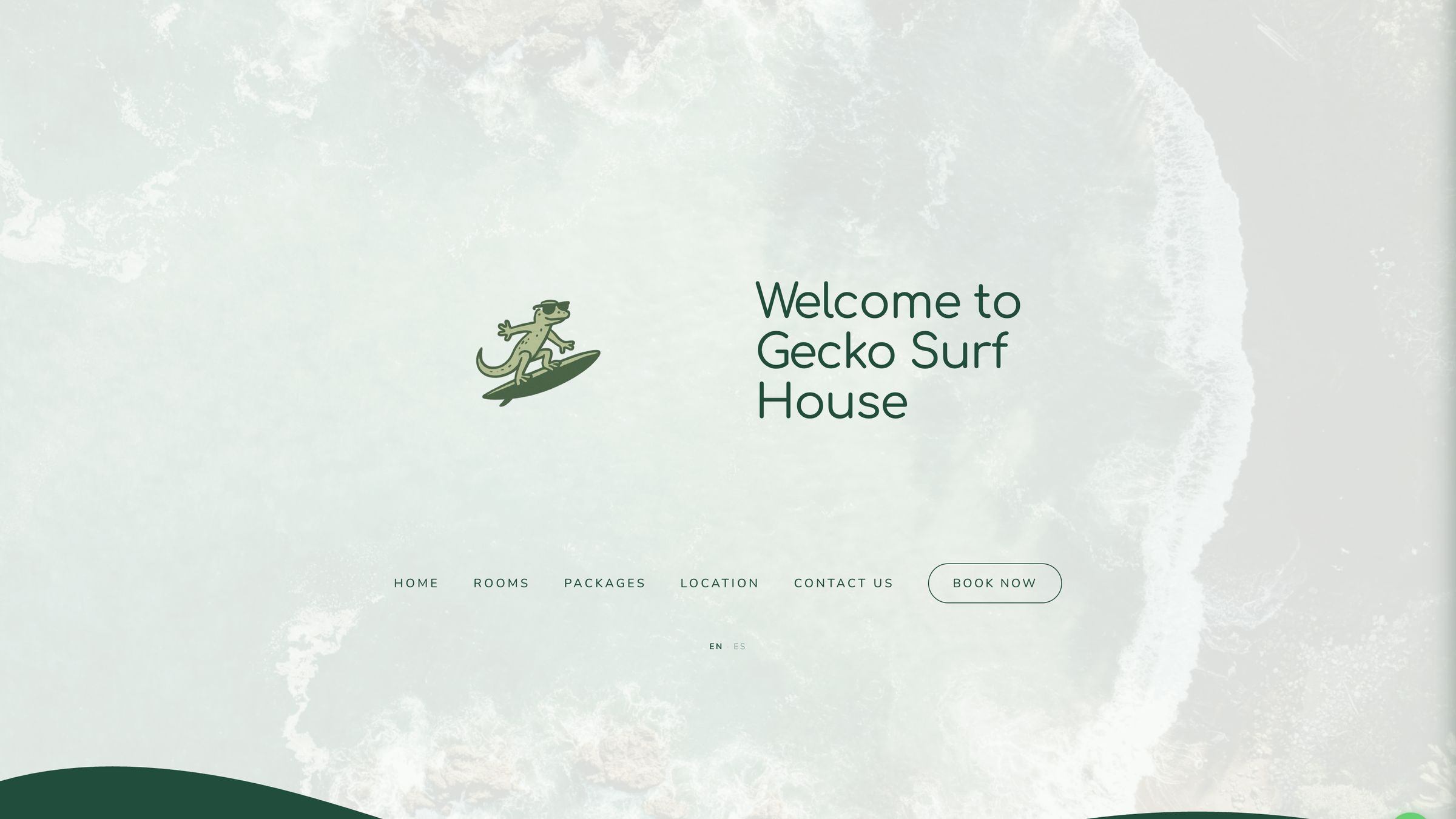 The Gecko Surf House homepage: the studio wordmark and "Welcome to Gecko Surf House" over an aerial image of breaking surf