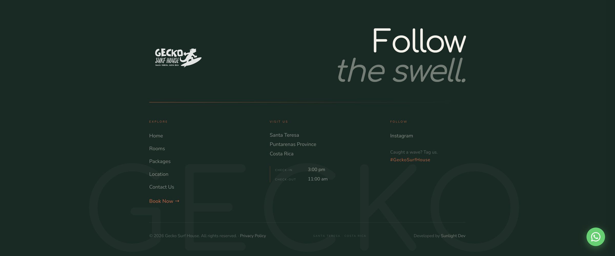 The site footer on deep forest green, reading "Follow the swell." above an oversized ghosted GECKO wordmark