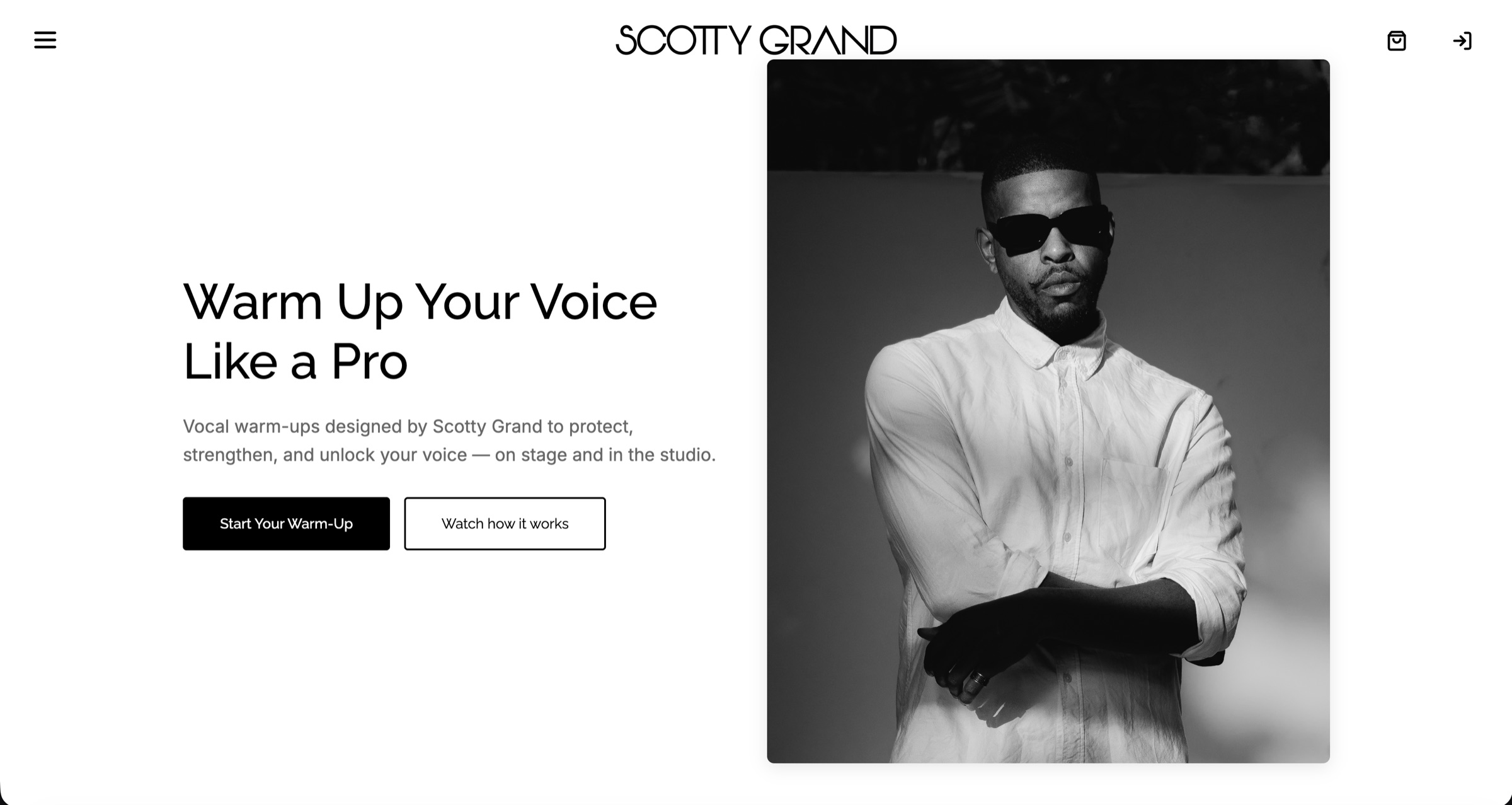 A section of the Scotty Grand site pairing the headline "Warm Up Your Voice Like a Pro" with a portrait